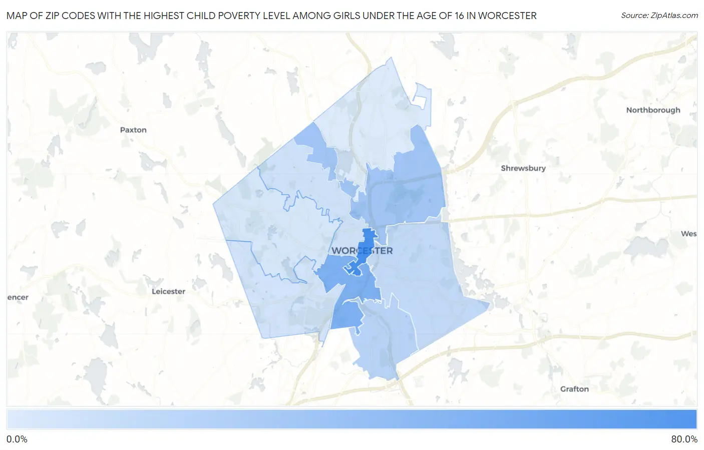 Zip Codes with the Highest Child Poverty Level Among Girls Under the Age of 16 in Worcester Map