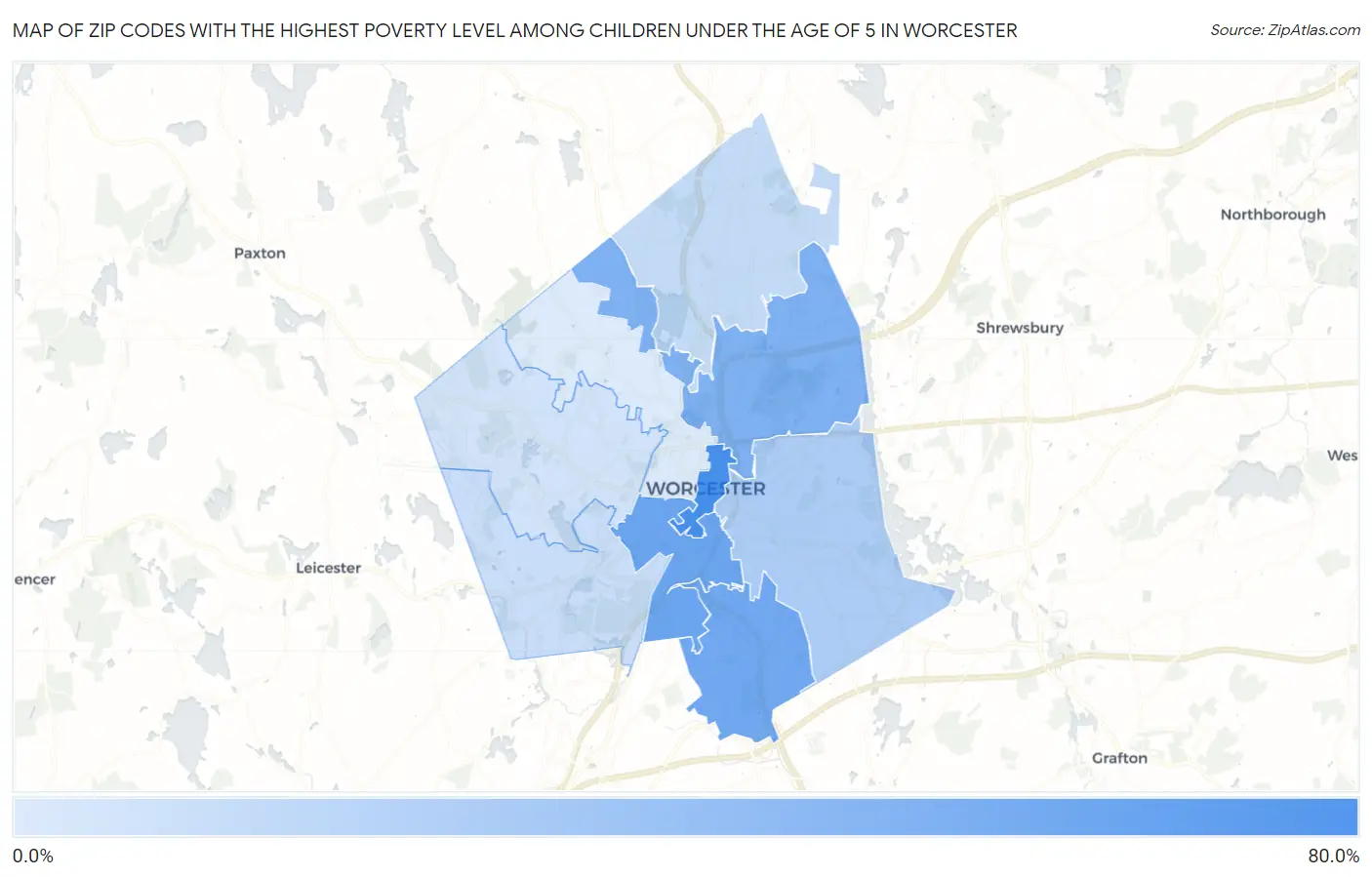 Zip Codes with the Highest Poverty Level Among Children Under the Age of 5 in Worcester Map