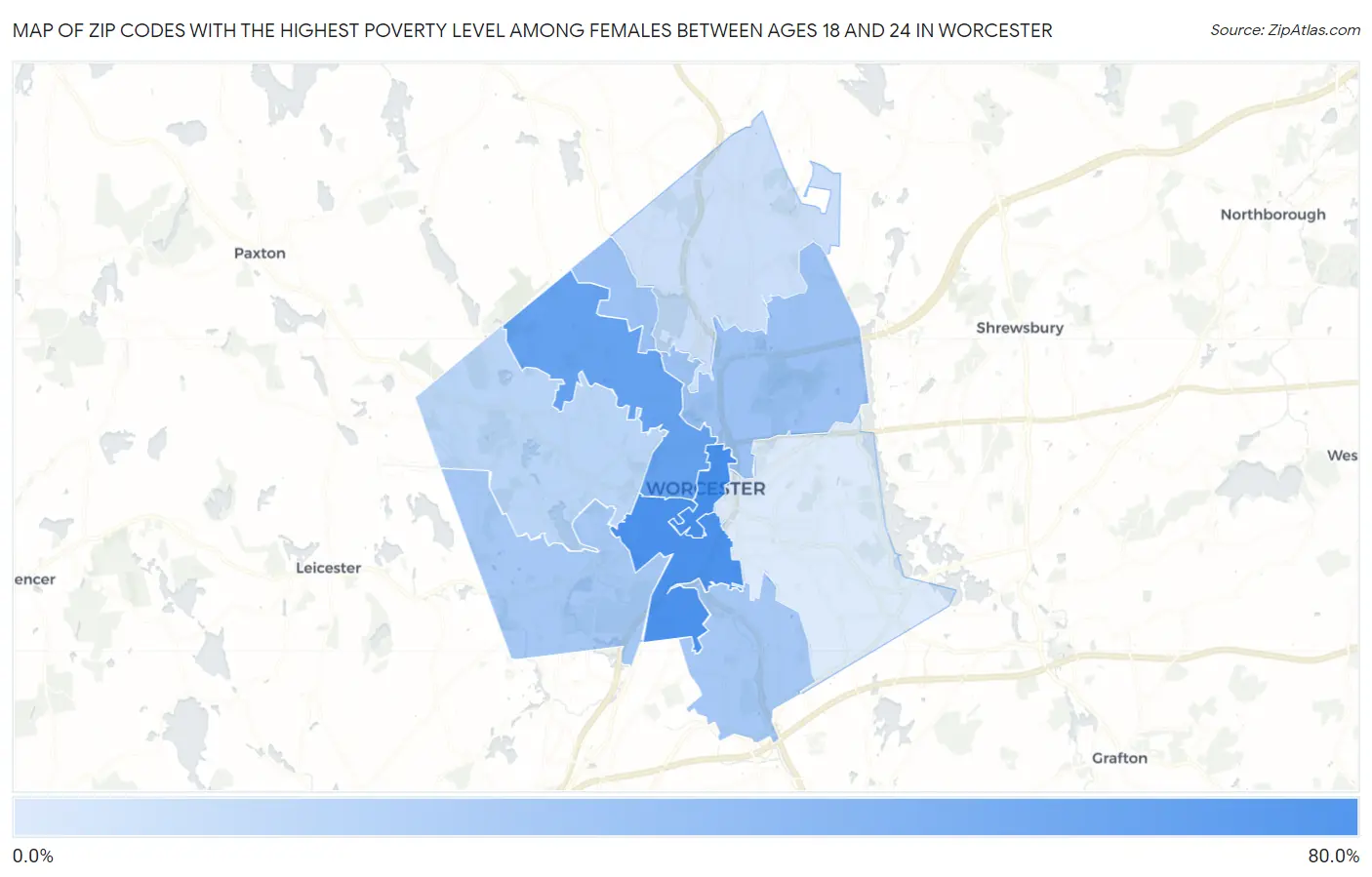 Zip Codes with the Highest Poverty Level Among Females Between Ages 18 and 24 in Worcester Map