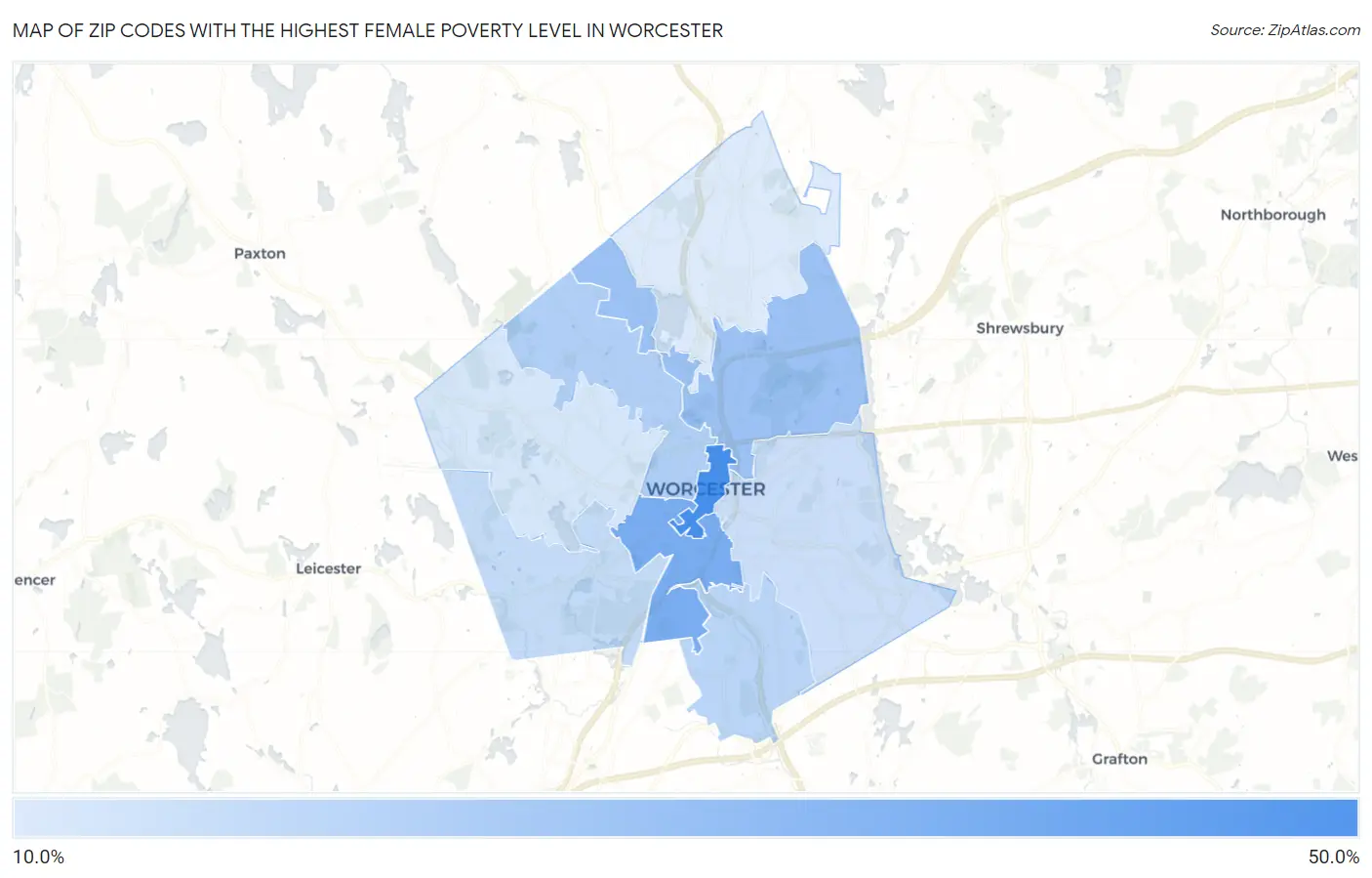 Zip Codes with the Highest Female Poverty Level in Worcester Map