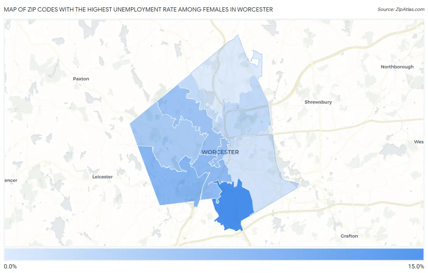 Zip Codes with the Highest Unemployment Rate Among Females in Worcester Map