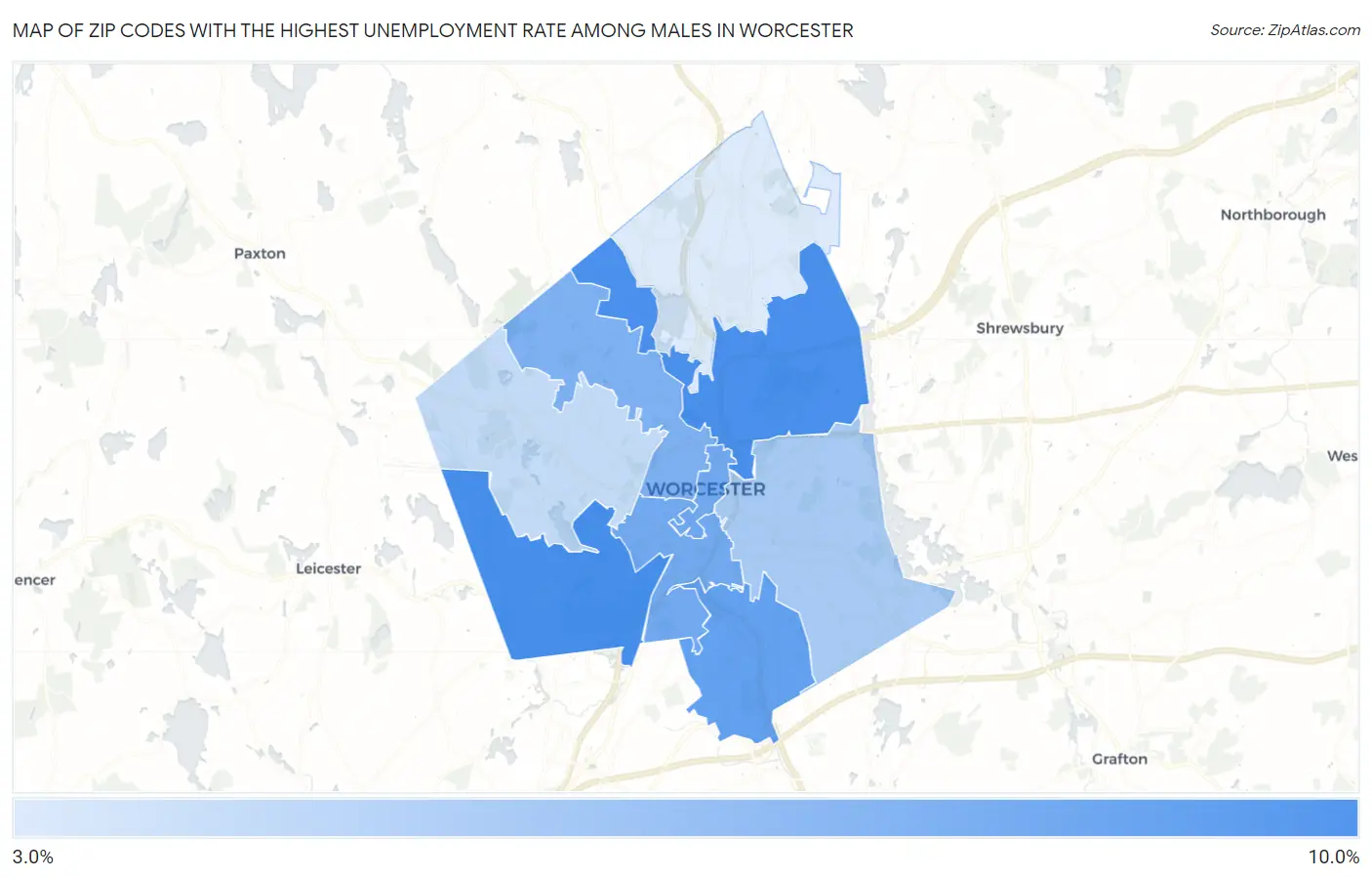 Zip Codes with the Highest Unemployment Rate Among Males in Worcester Map