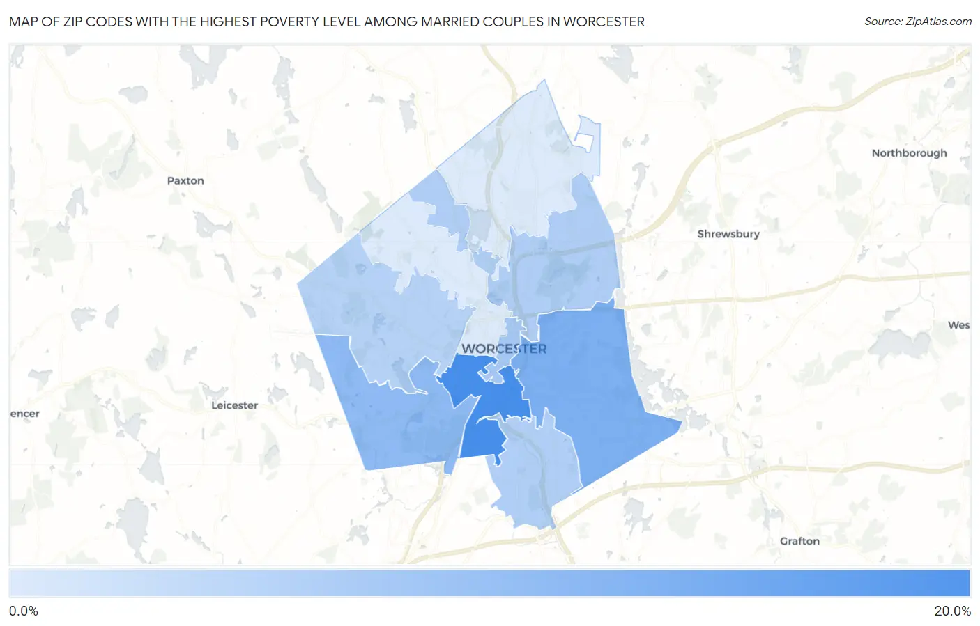 Zip Codes with the Highest Poverty Level Among Married Couples in Worcester Map