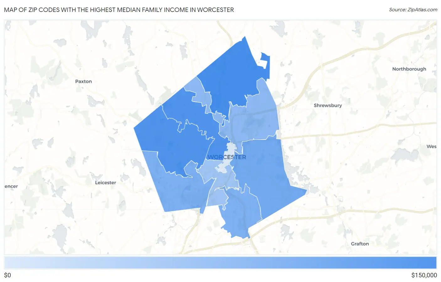 Zip Codes with the Highest Median Family Income in Worcester Map
