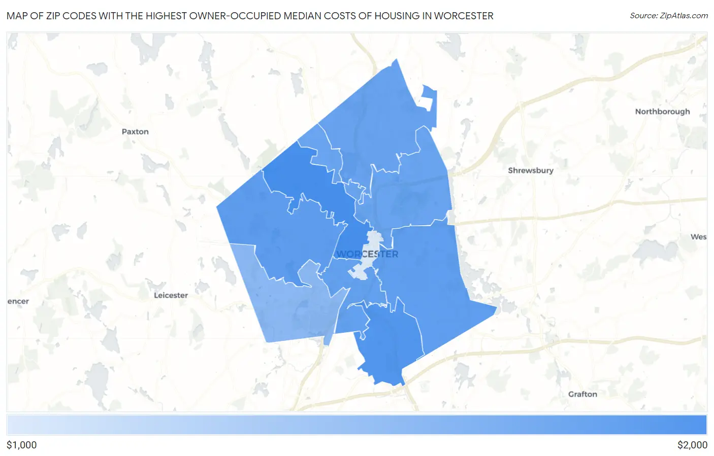 Zip Codes with the Highest Owner-Occupied Median Costs of Housing in Worcester Map
