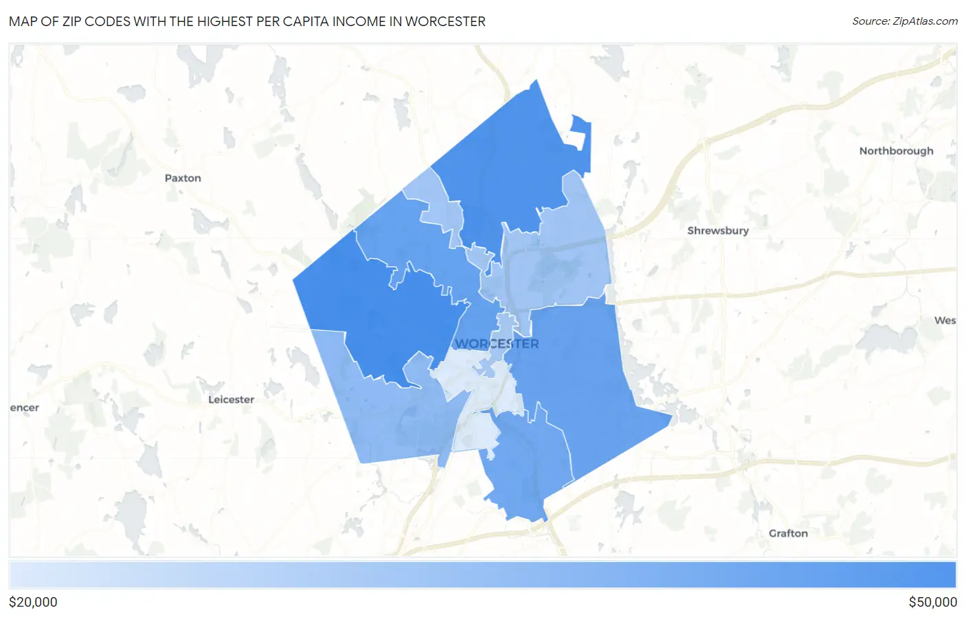Zip Codes with the Highest Per Capita Income in Worcester Map