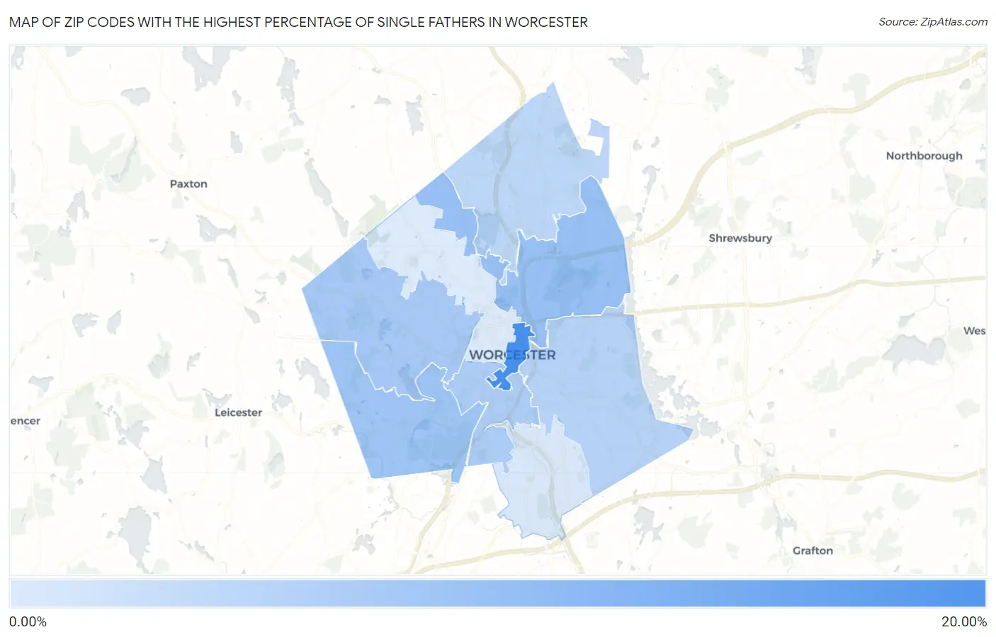 Zip Codes with the Highest Percentage of Single Fathers in Worcester Map