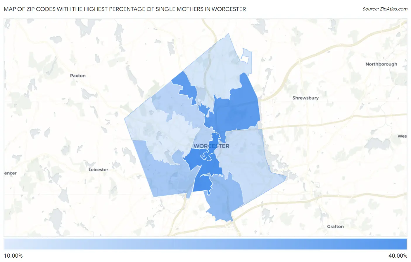 Zip Codes with the Highest Percentage of Single Mothers in Worcester Map