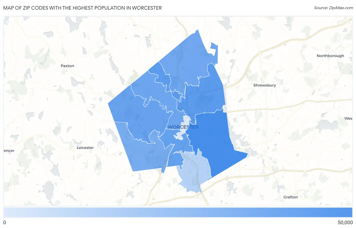 Zip Codes with the Highest Population in Worcester Map
