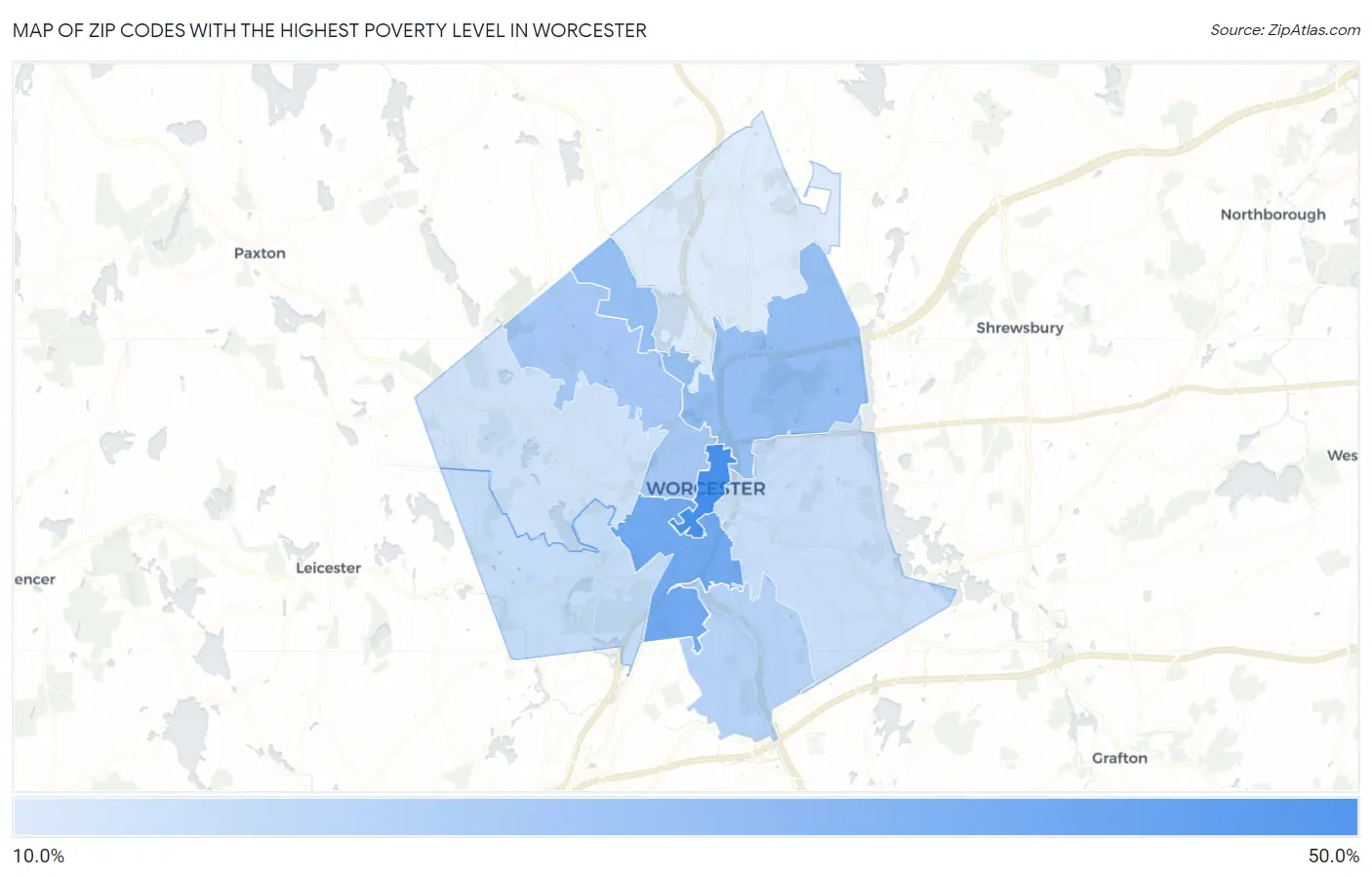 Zip Codes with the Highest Poverty Level in Worcester Map