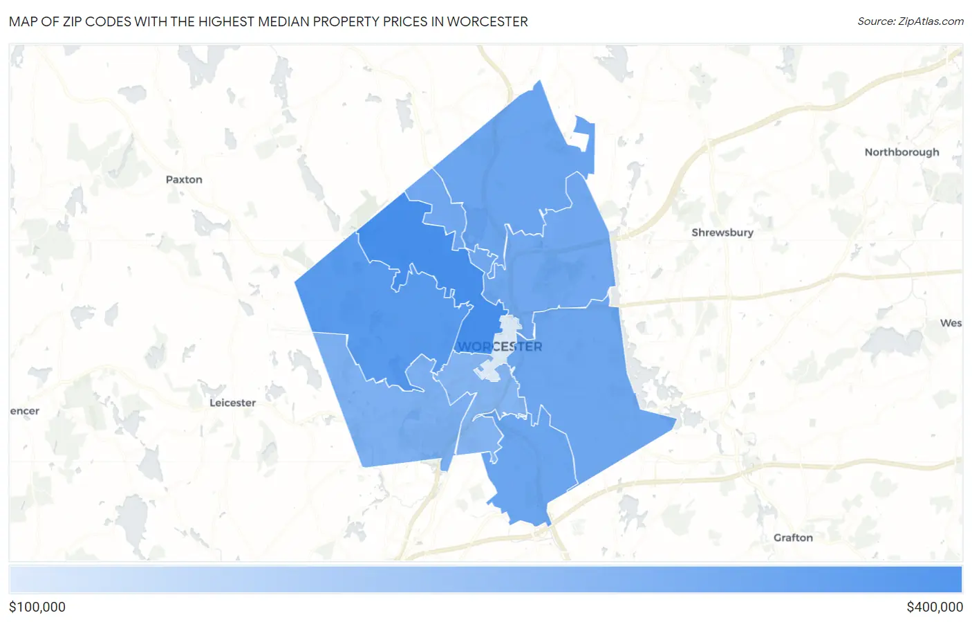 Zip Codes with the Highest Median Property Prices in Worcester Map