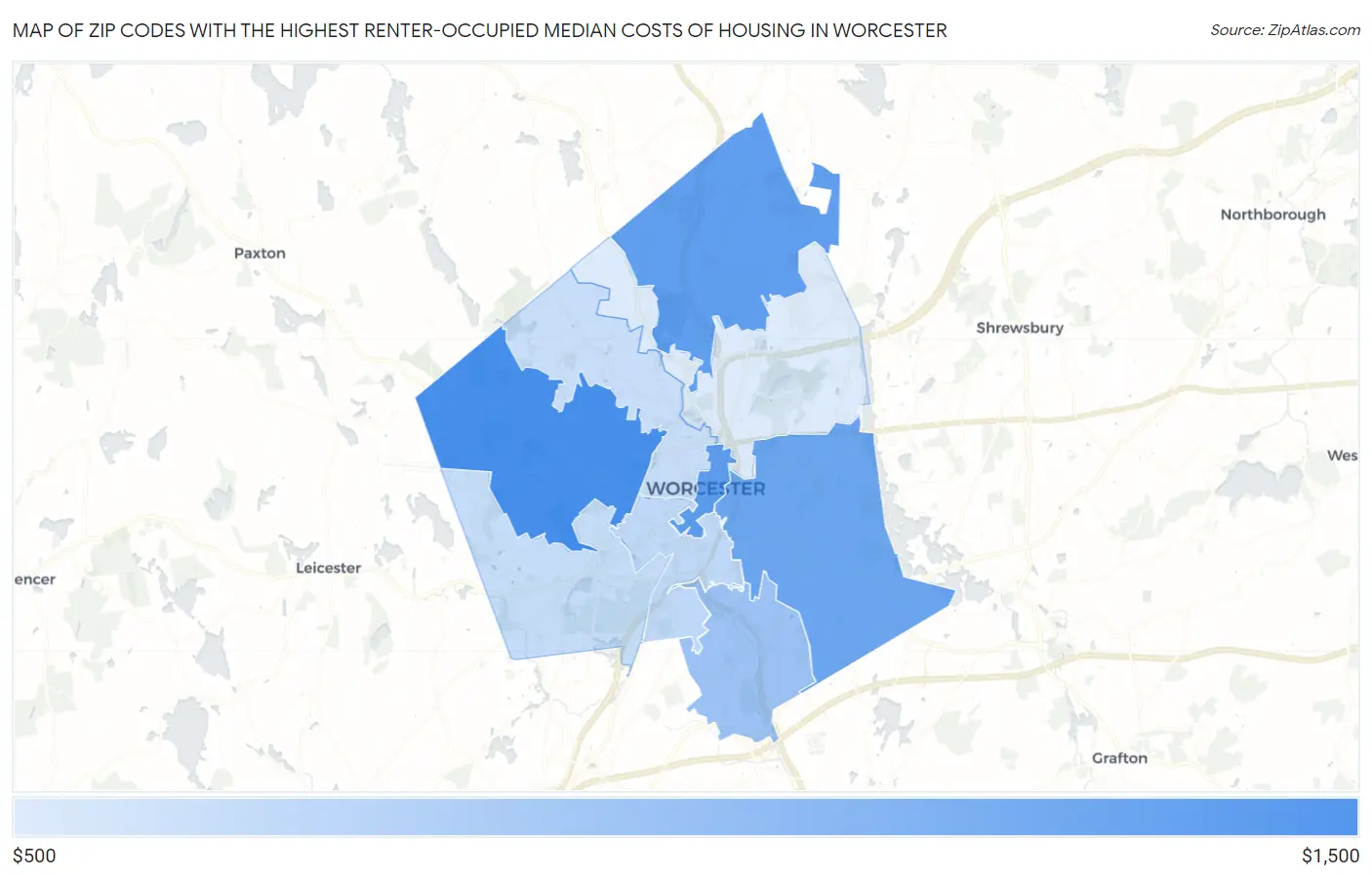 Zip Codes with the Highest Renter-Occupied Median Costs of Housing in Worcester Map