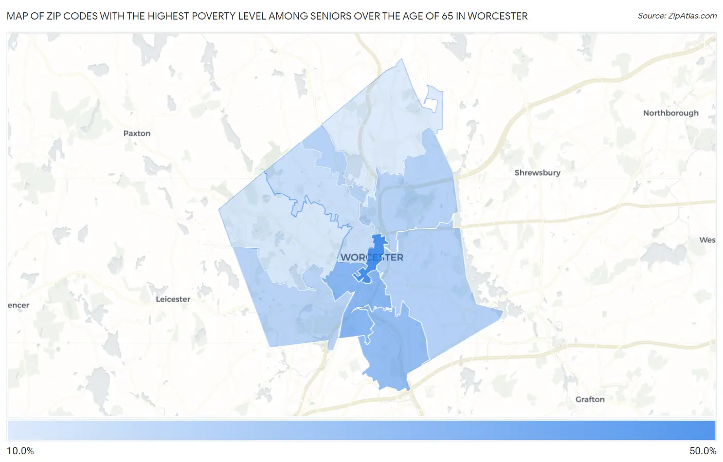 Zip Codes with the Highest Poverty Level Among Seniors Over the Age of 65 in Worcester Map