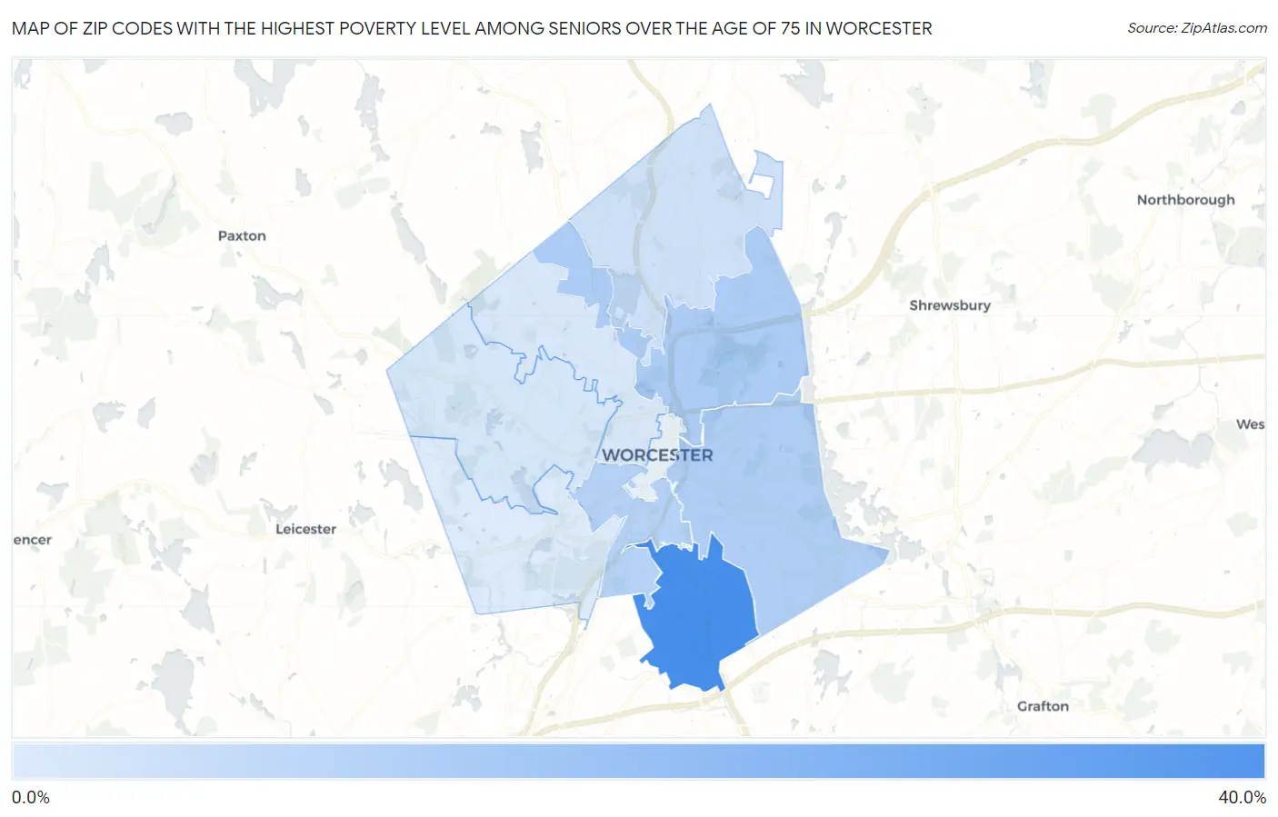 Zip Codes with the Highest Poverty Level Among Seniors Over the Age of 75 in Worcester Map
