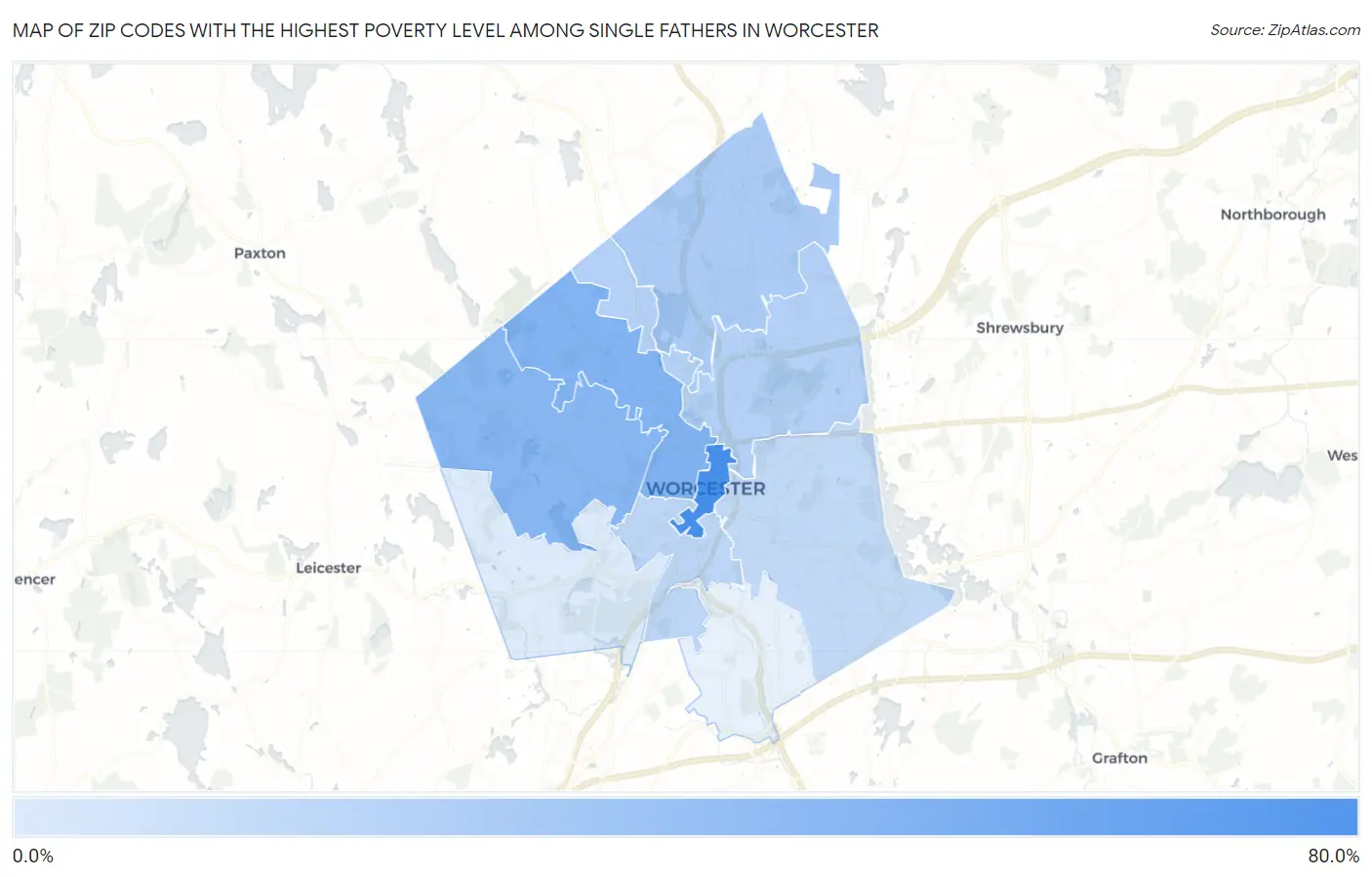 Zip Codes with the Highest Poverty Level Among Single Fathers in Worcester Map