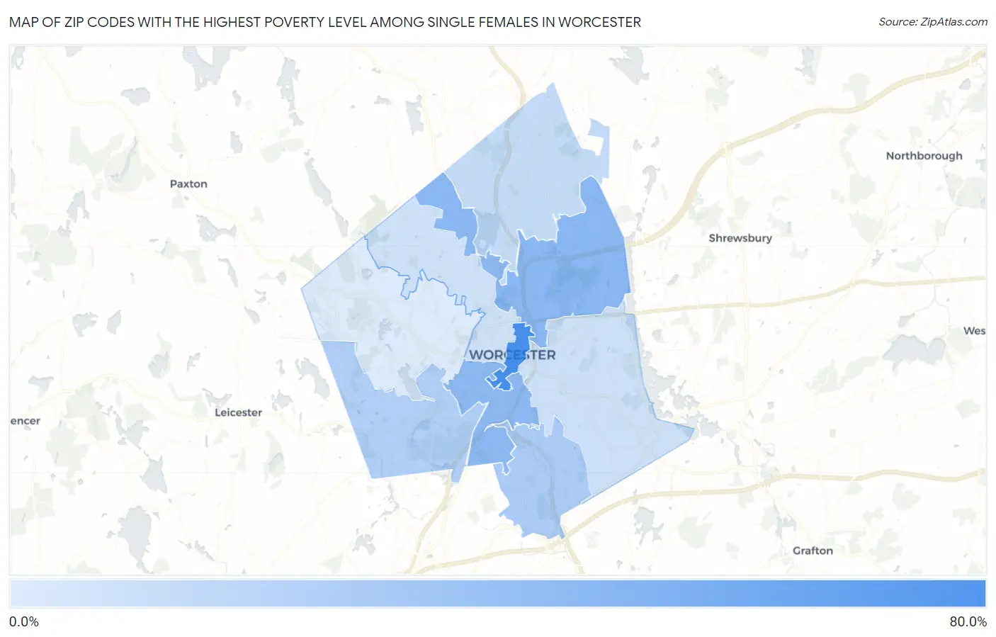 Zip Codes with the Highest Poverty Level Among Single Females in Worcester Map