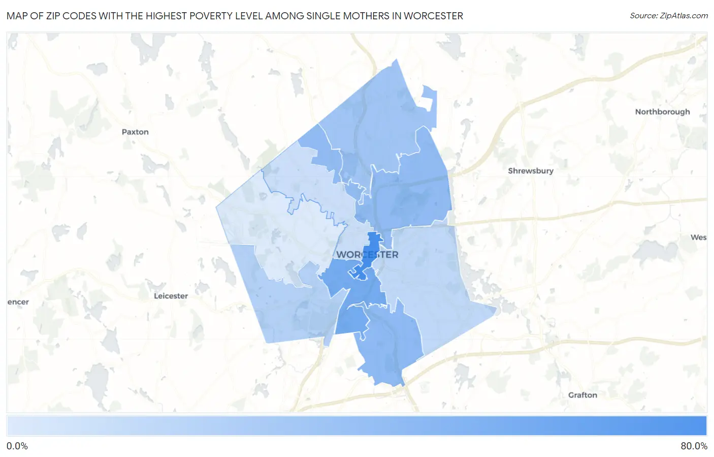 Zip Codes with the Highest Poverty Level Among Single Mothers in Worcester Map