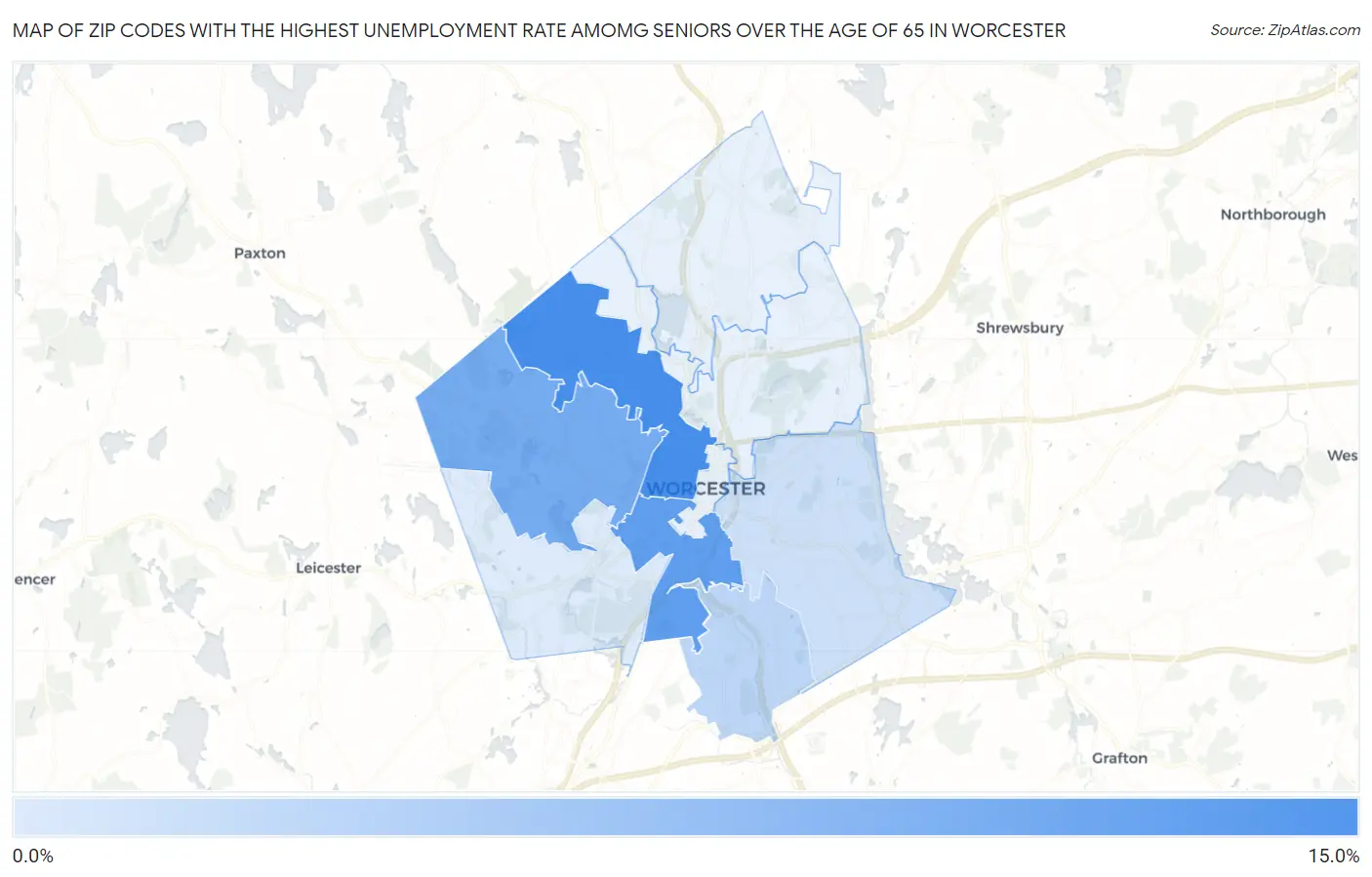 Zip Codes with the Highest Unemployment Rate Amomg Seniors Over the Age of 65 in Worcester Map