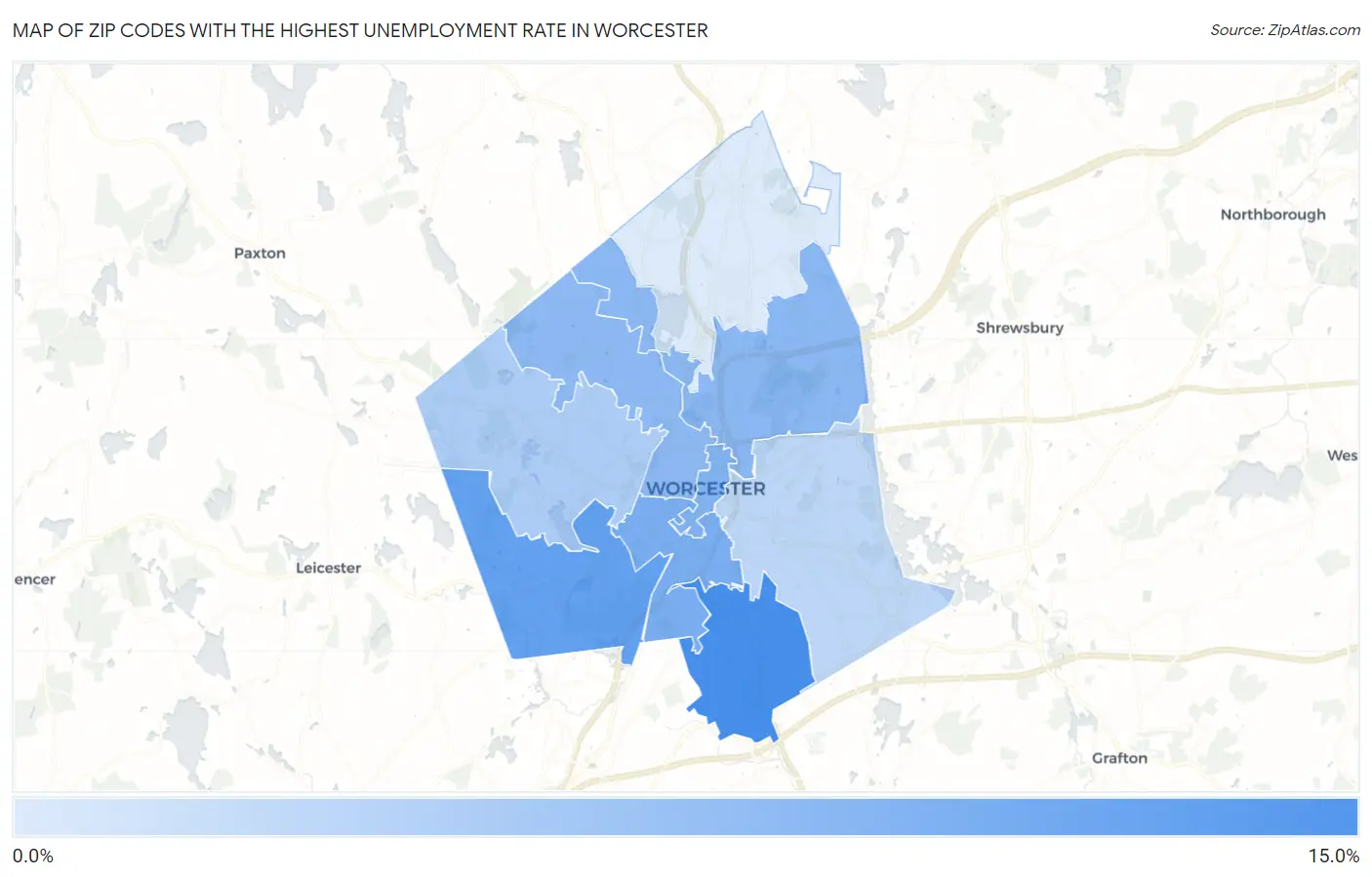 Zip Codes with the Highest Unemployment Rate in Worcester Map