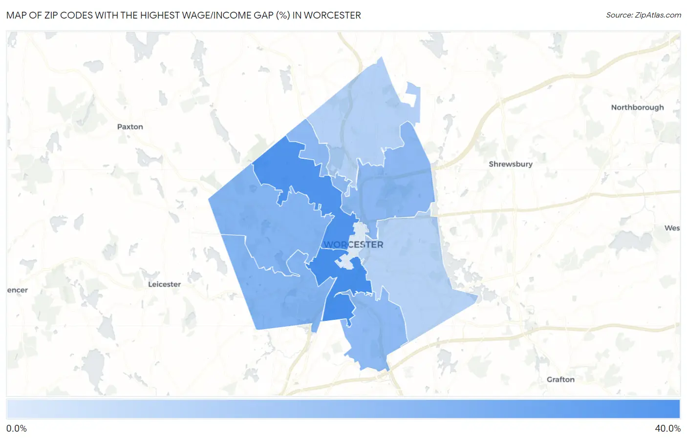 Zip Codes with the Highest Wage/Income Gap (%) in Worcester Map