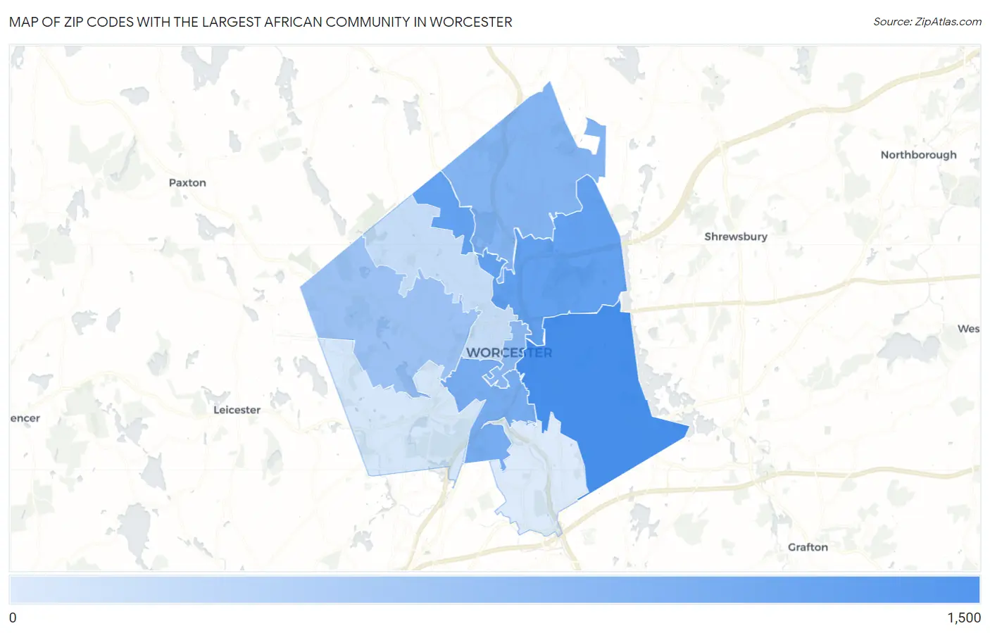 Zip Codes with the Largest African Community in Worcester Map