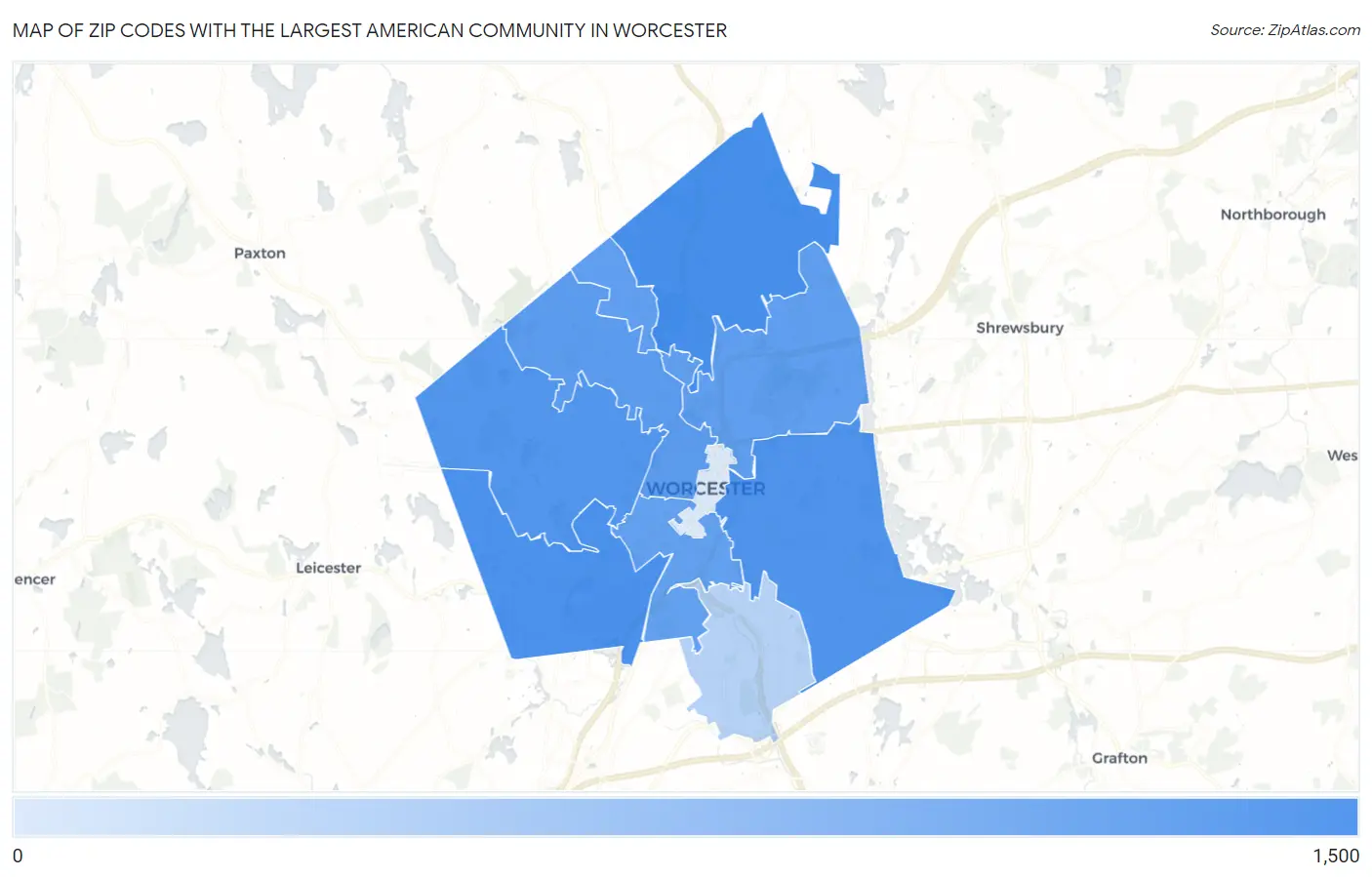 Zip Codes with the Largest American Community in Worcester Map