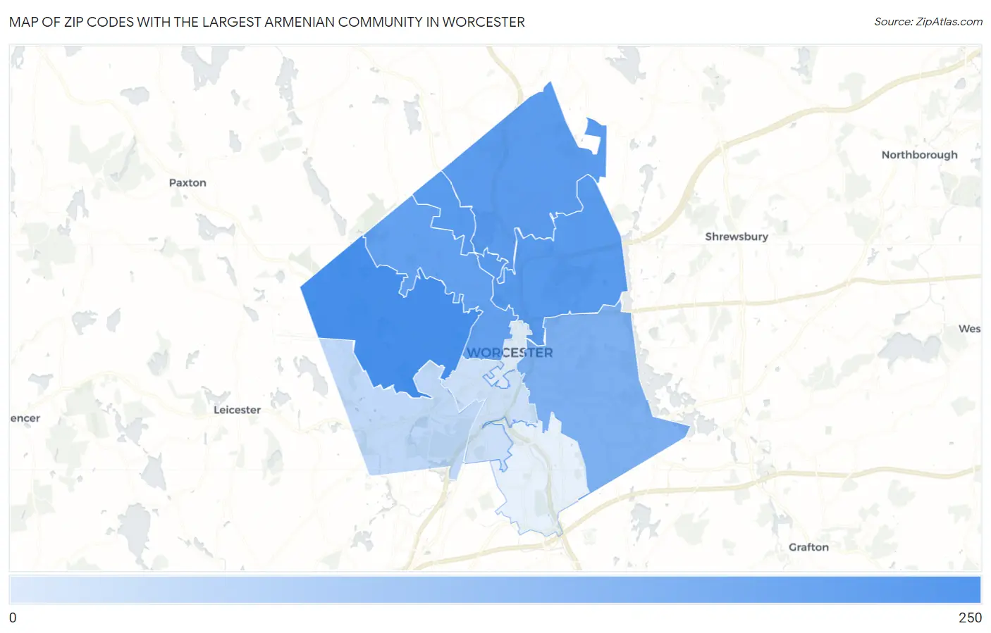 Zip Codes with the Largest Armenian Community in Worcester Map