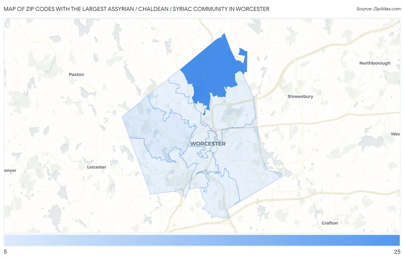 Zip Codes with the Largest Assyrian / Chaldean / Syriac Community in Worcester Map