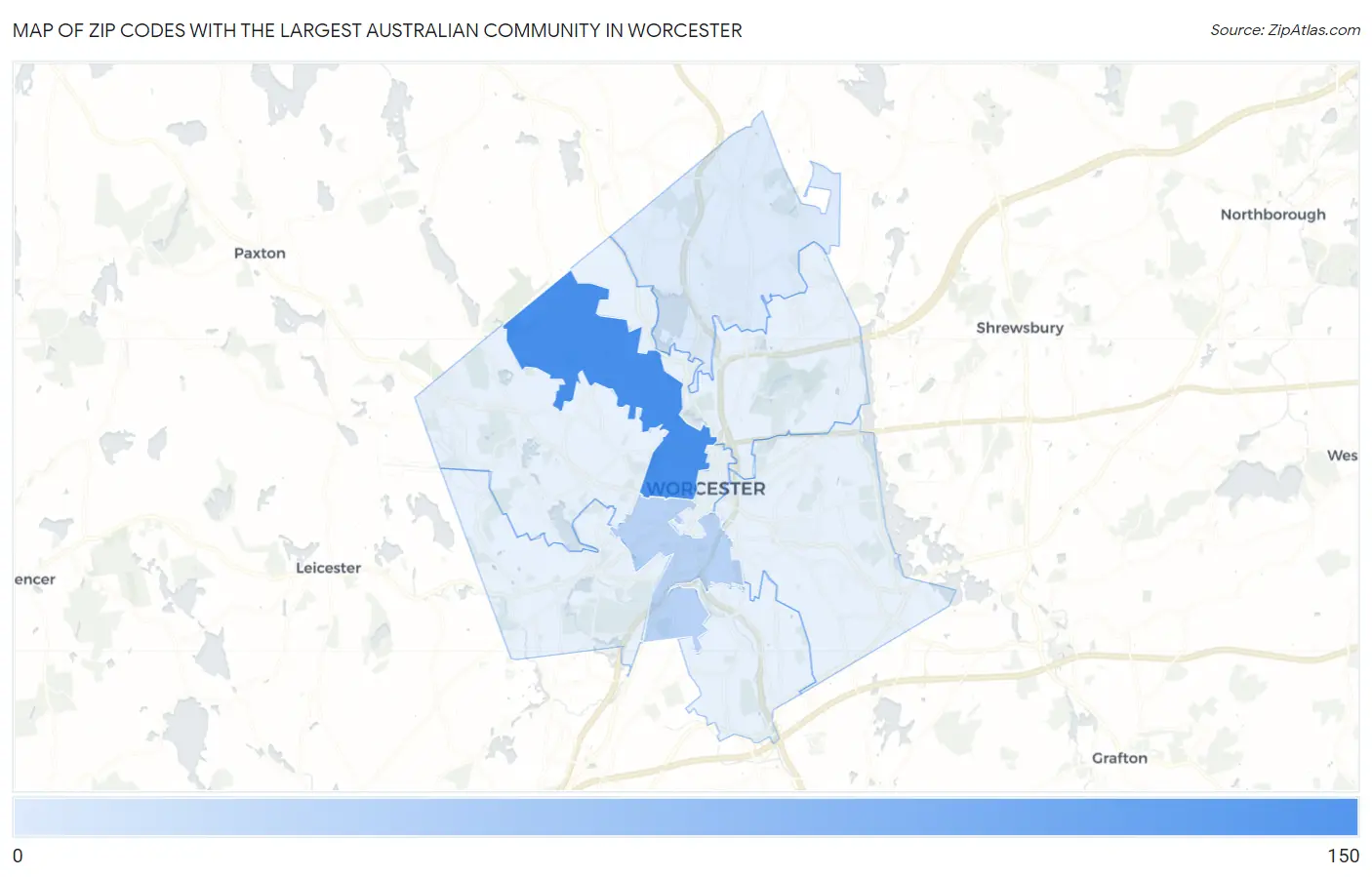 Zip Codes with the Largest Australian Community in Worcester Map