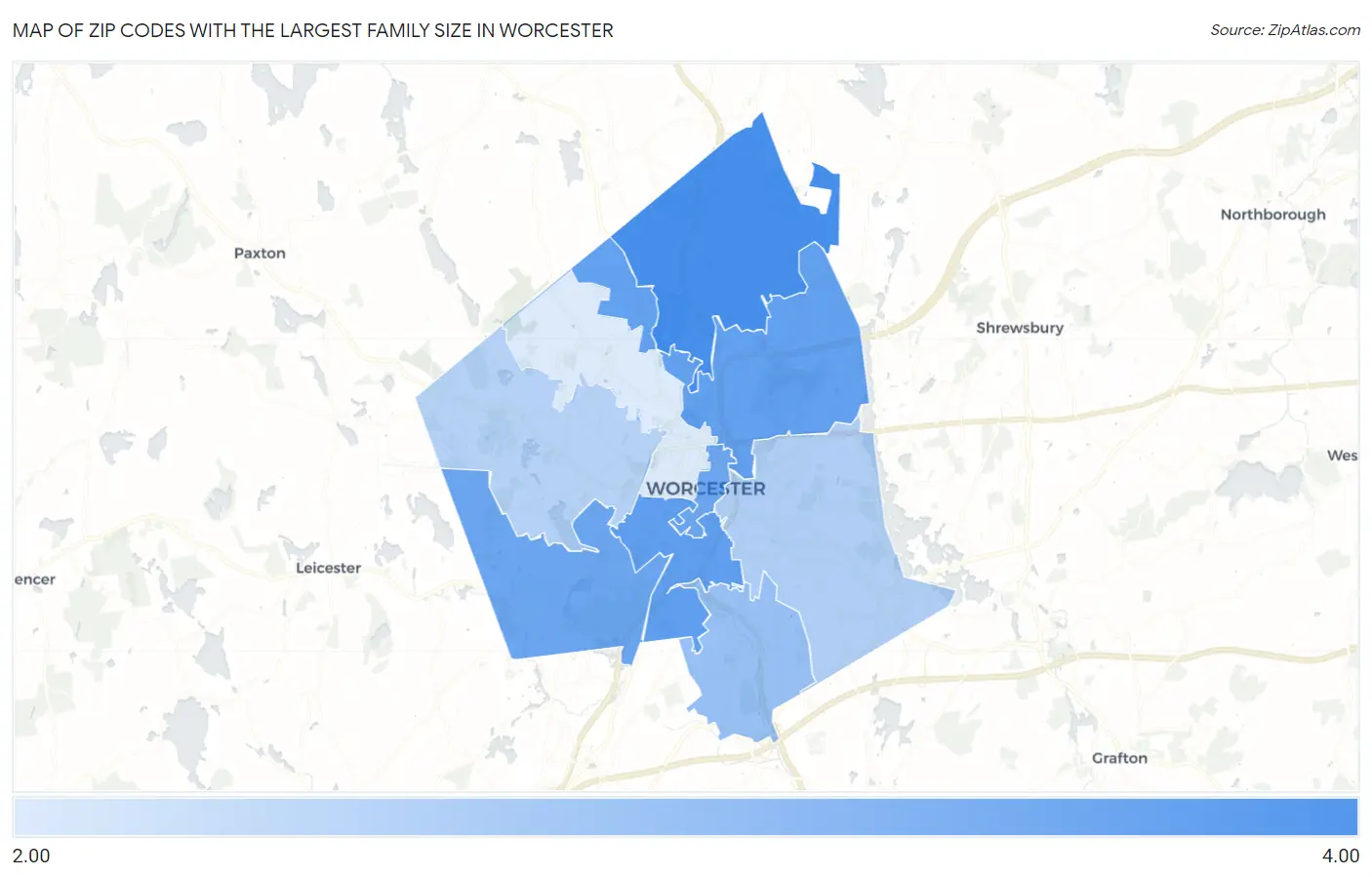 Zip Codes with the Largest Family Size in Worcester Map