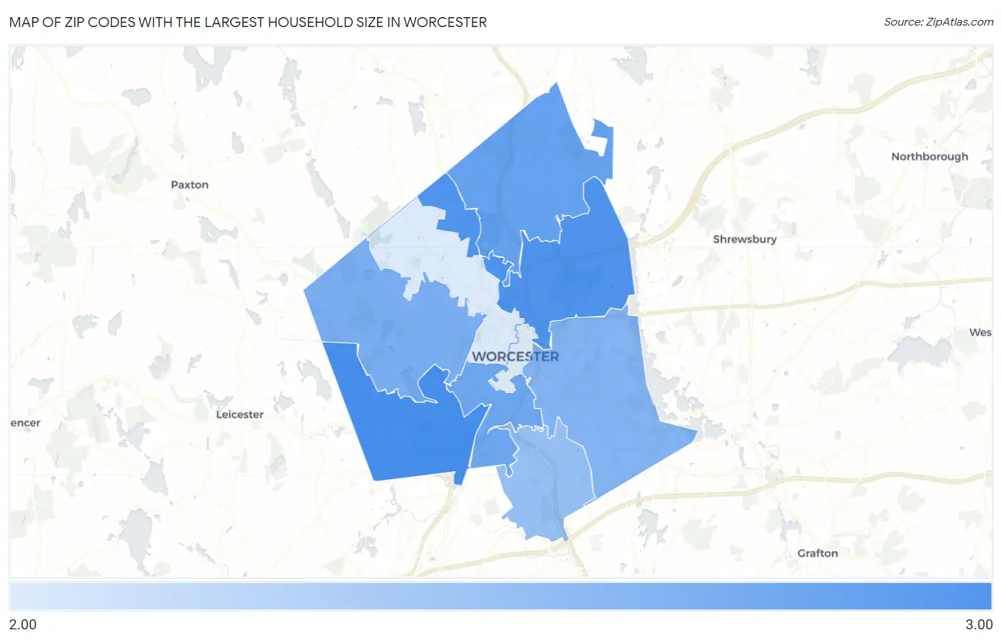 Zip Codes with the Largest Household Size in Worcester Map
