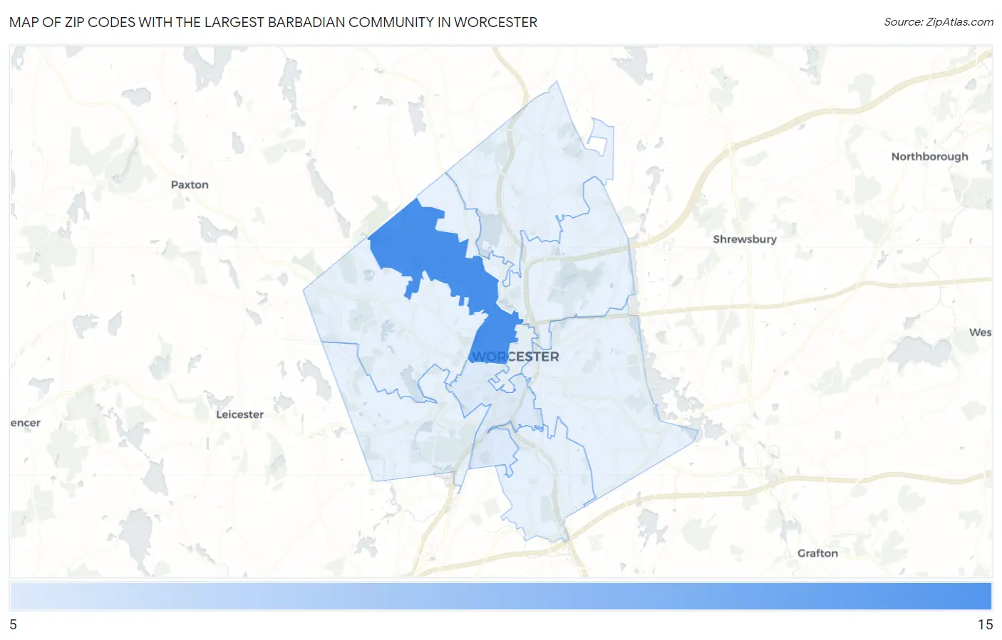 Zip Codes with the Largest Barbadian Community in Worcester Map