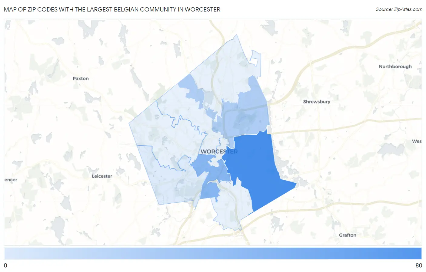Zip Codes with the Largest Belgian Community in Worcester Map
