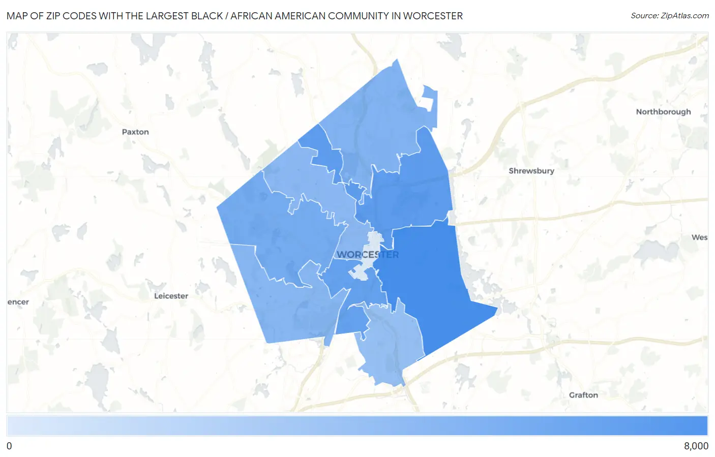 Zip Codes with the Largest Black / African American Community in Worcester Map
