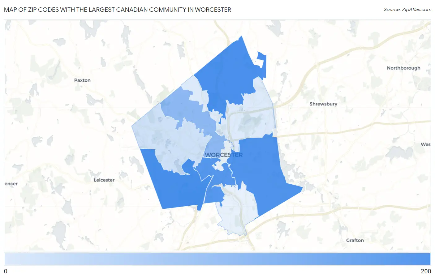 Zip Codes with the Largest Canadian Community in Worcester Map
