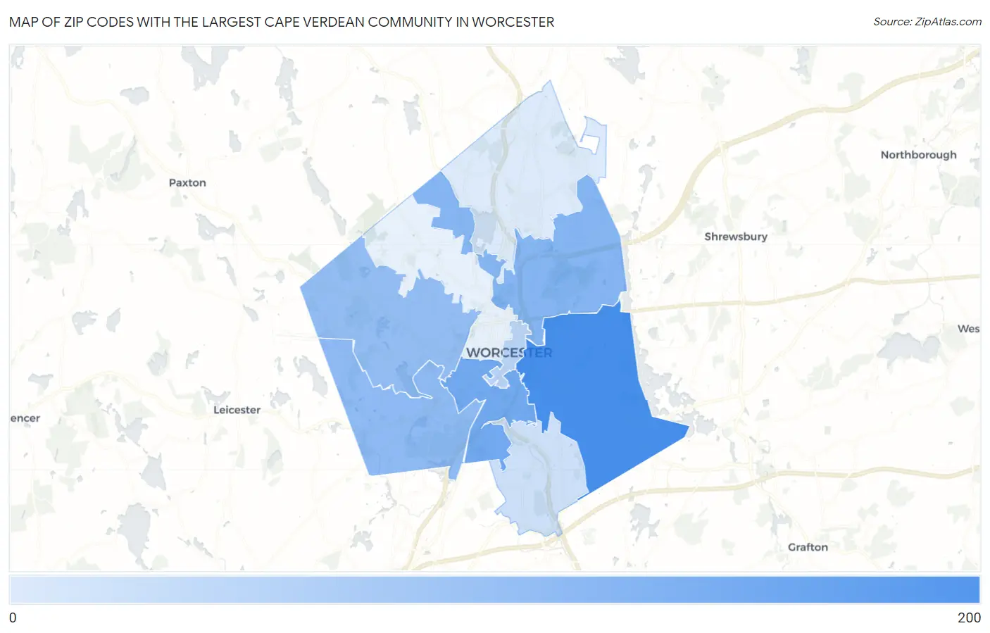 Zip Codes with the Largest Cape Verdean Community in Worcester Map