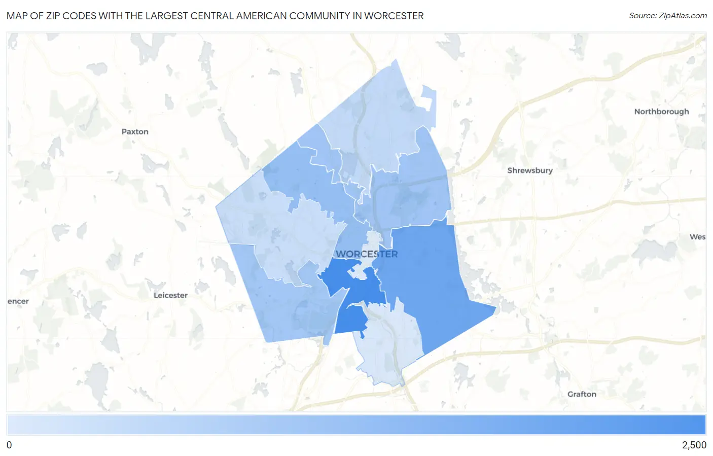 Zip Codes with the Largest Central American Community in Worcester Map