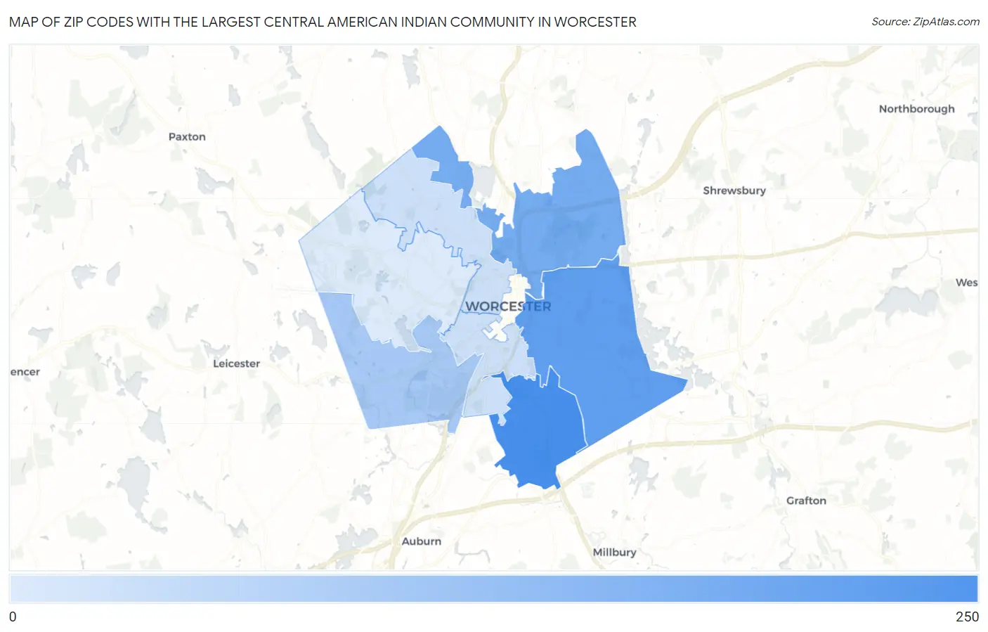 Zip Codes with the Largest Central American Indian Community in Worcester Map