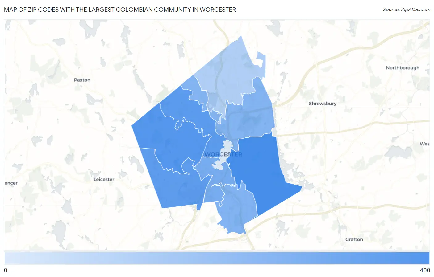 Zip Codes with the Largest Colombian Community in Worcester Map