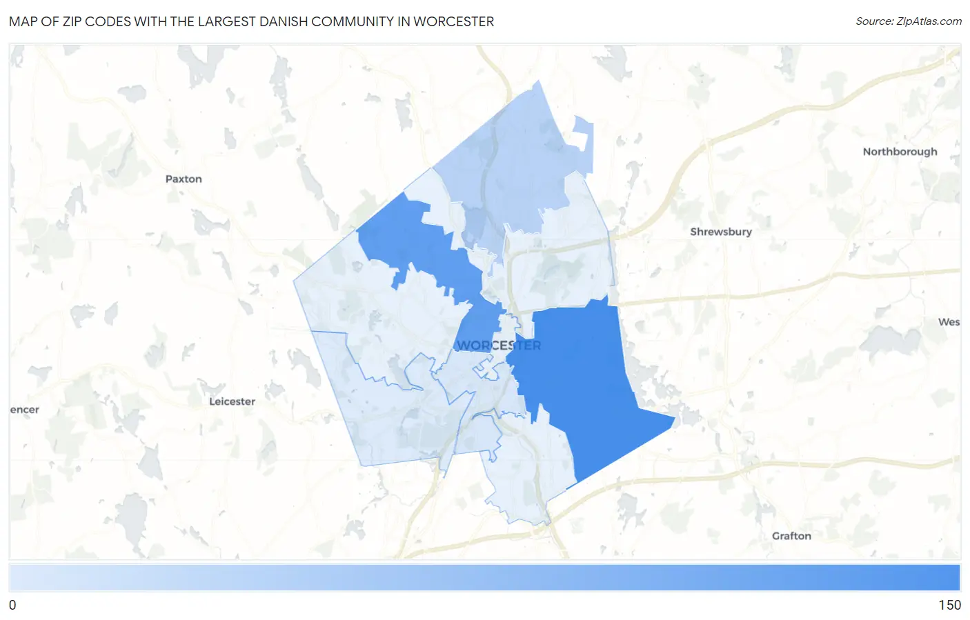 Zip Codes with the Largest Danish Community in Worcester Map