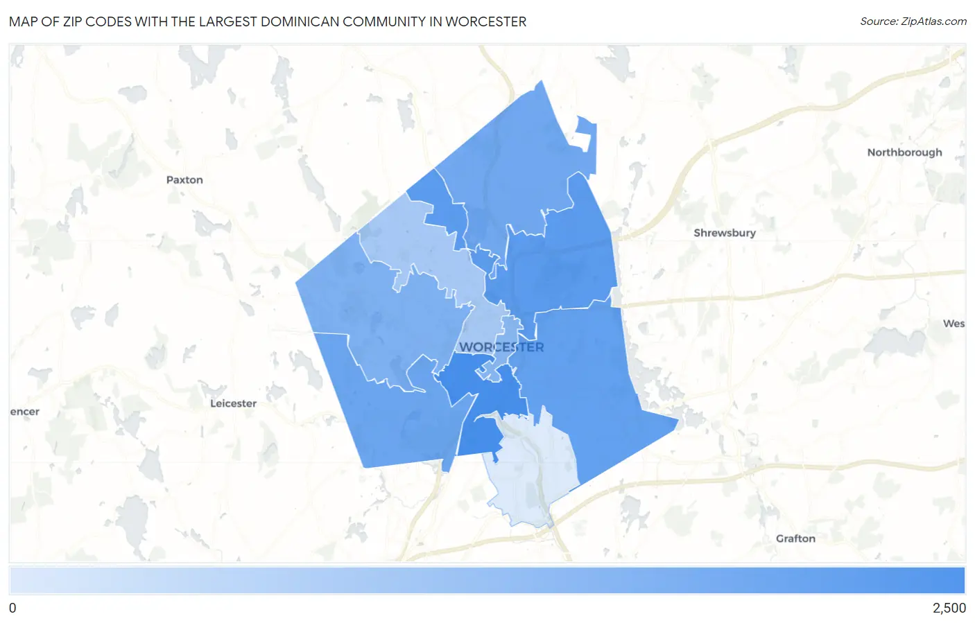 Zip Codes with the Largest Dominican Community in Worcester Map