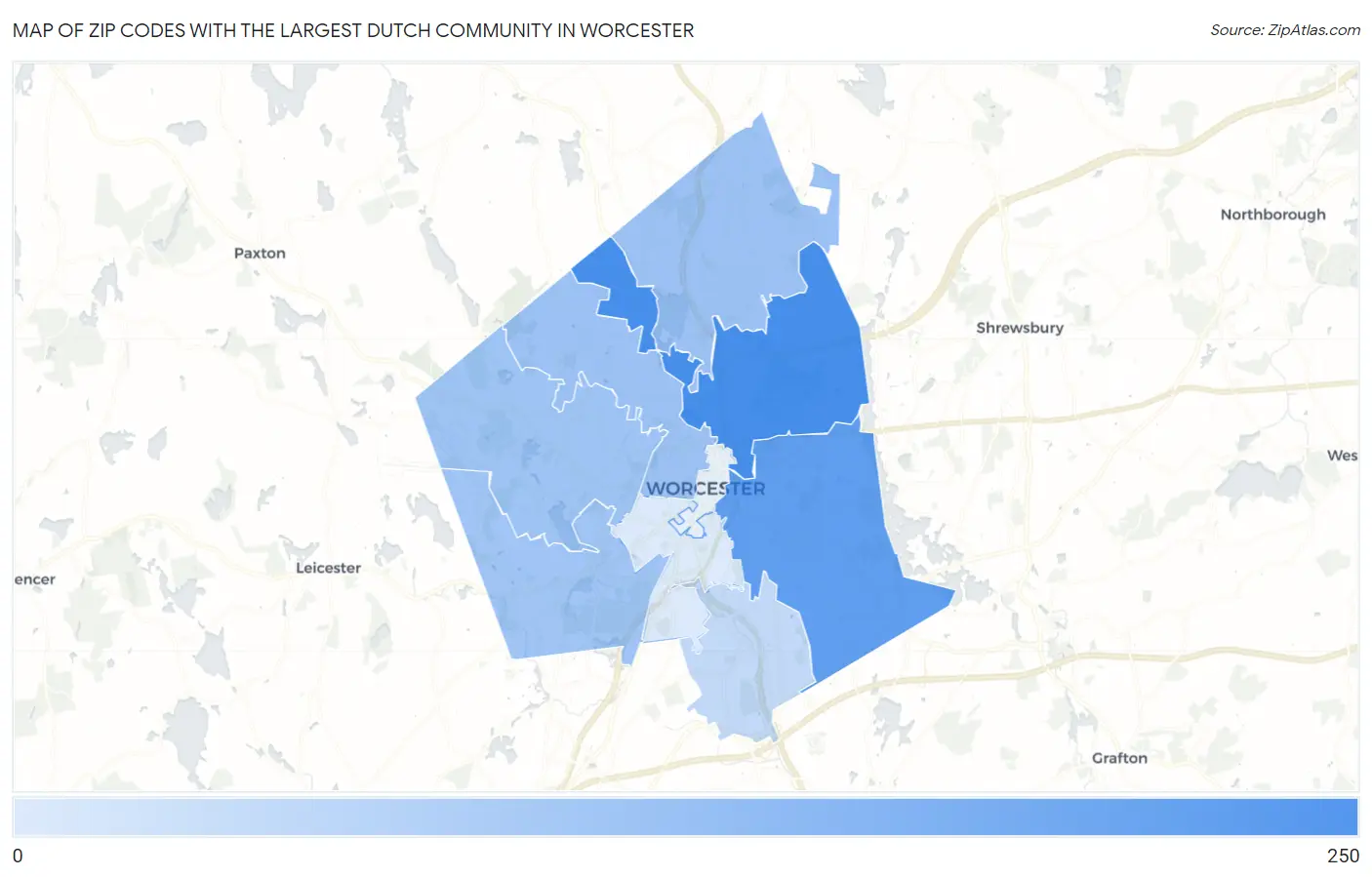 Zip Codes with the Largest Dutch Community in Worcester Map