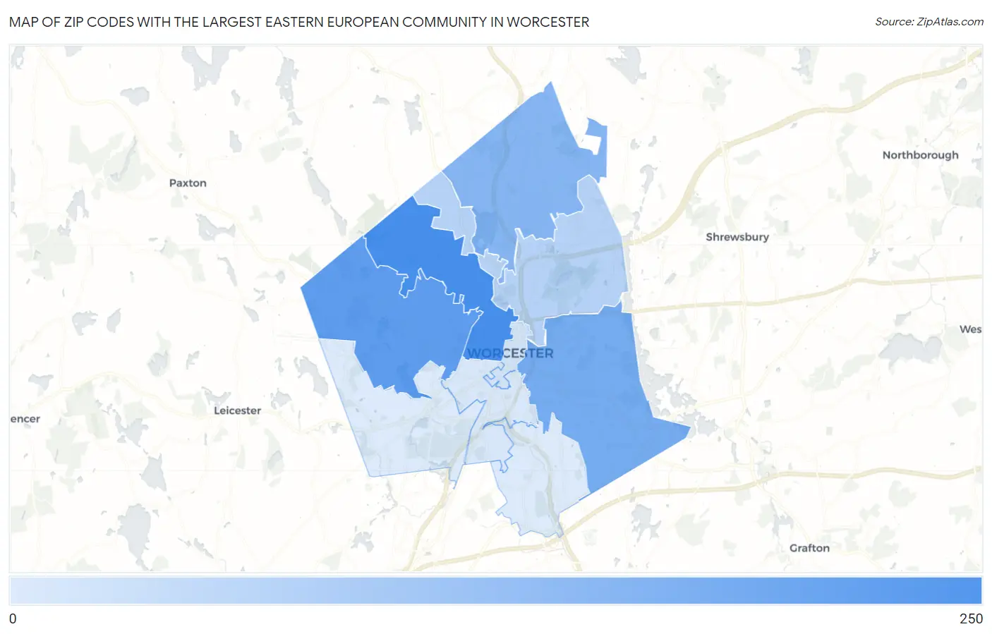 Zip Codes with the Largest Eastern European Community in Worcester Map