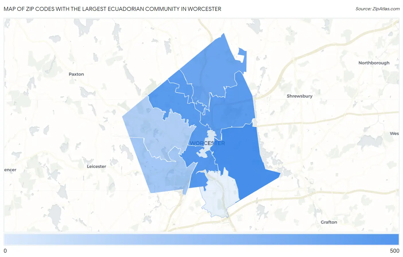 Zip Codes with the Largest Ecuadorian Community in Worcester Map