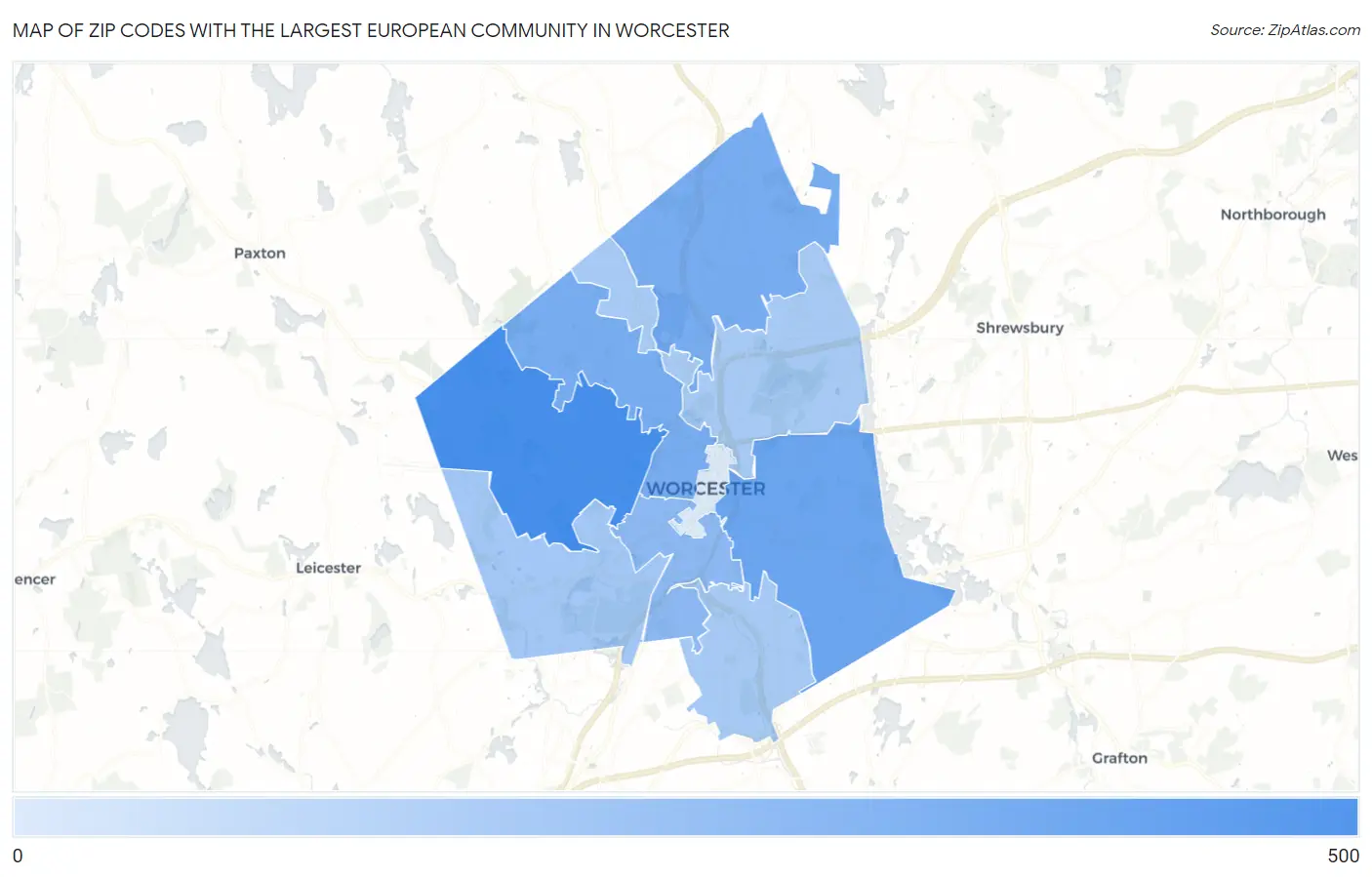 Zip Codes with the Largest European Community in Worcester Map