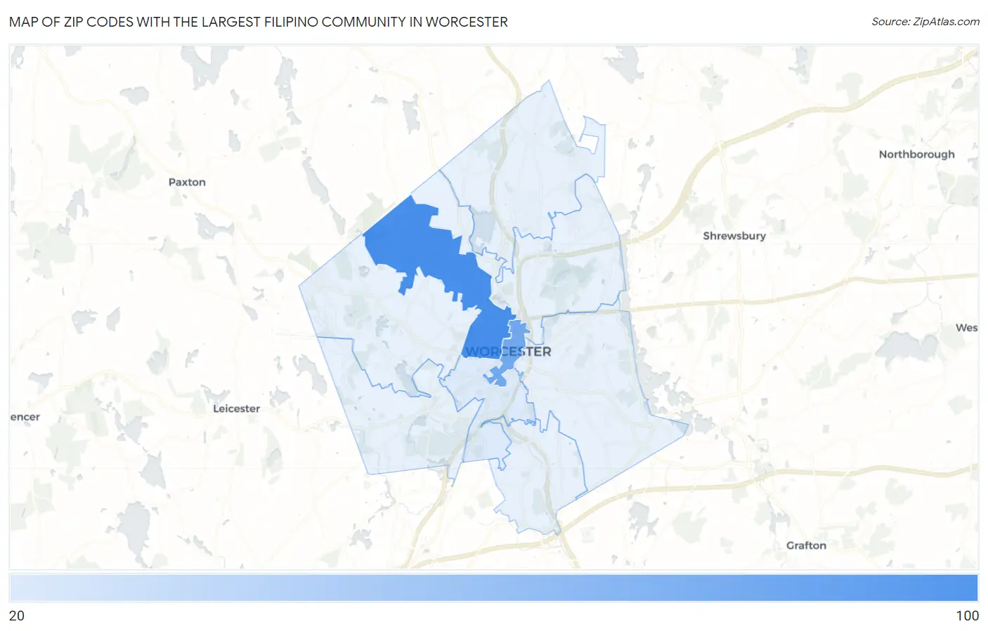 Zip Codes with the Largest Filipino Community in Worcester Map