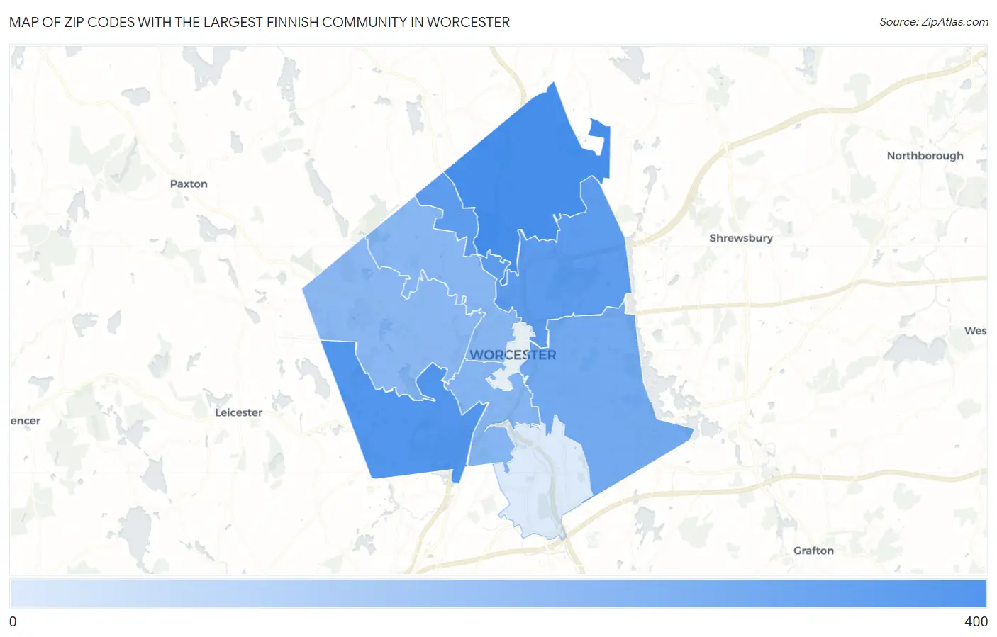 Zip Codes with the Largest Finnish Community in Worcester Map