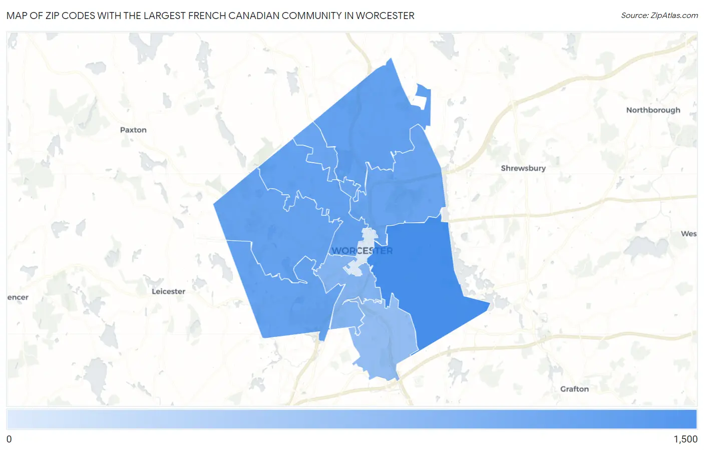 Zip Codes with the Largest French Canadian Community in Worcester Map