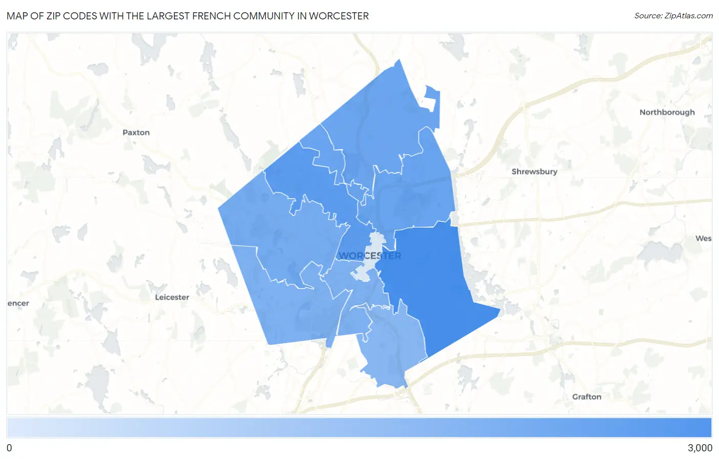 Zip Codes with the Largest French Community in Worcester Map