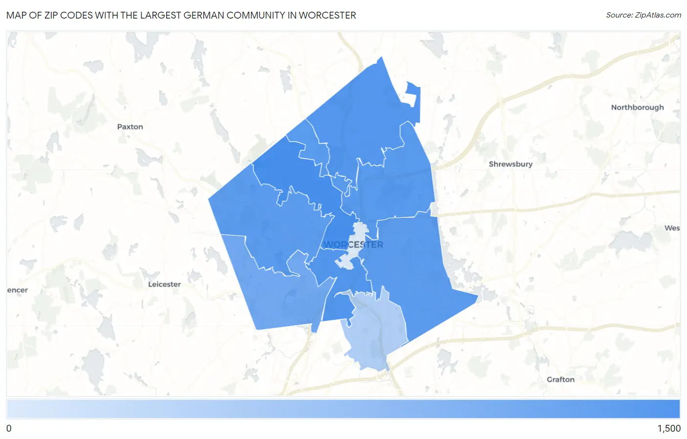 Zip Codes with the Largest German Community in Worcester Map